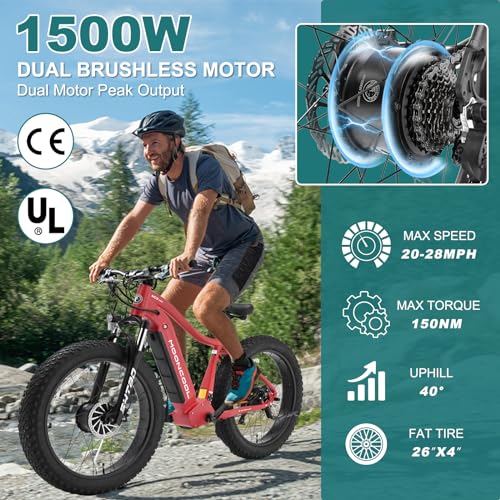 26" x 4" Fat Tire Electric Mountain Bike with 48V 15Ah Removable Battery, 7 Speed Dual Motor Aluminum Ebike Z1437