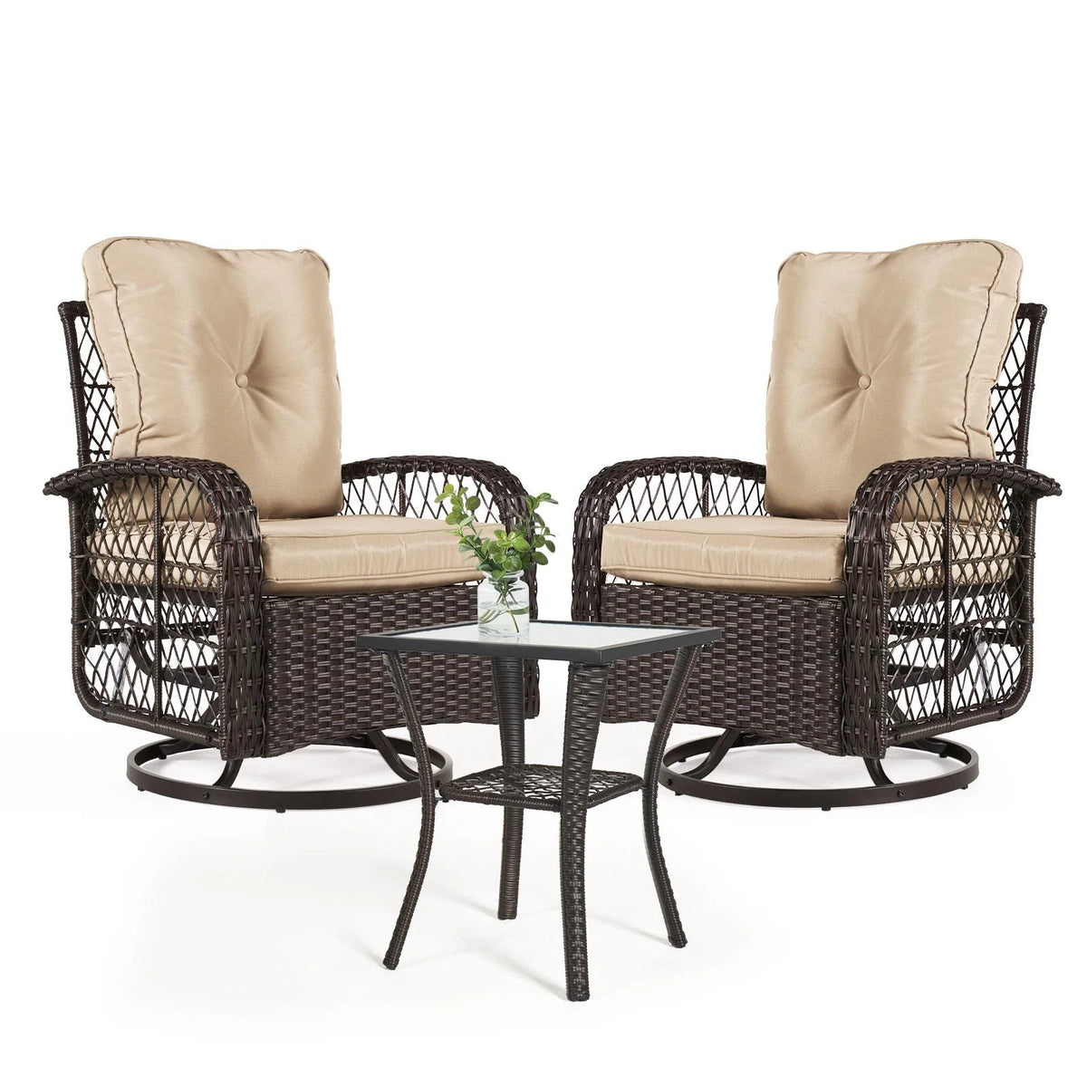 3 Piece Swivel Rocking Wicker Patio Chairs Set with Beige Cushions L26533