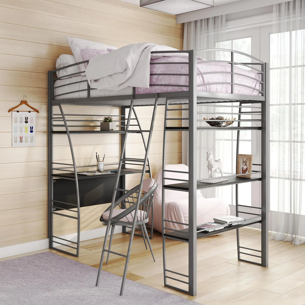 Twin Metal Loft Bed with Desk and Shelves L81322