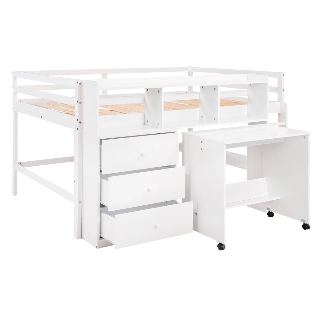 White Wood Full Size Low Loft Bed Frame with 3 Storage Drawers Y7439