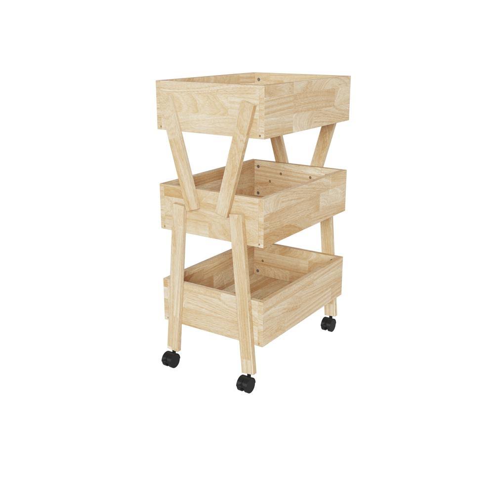 Natural Solid Wood 3-Shelf Storage Cart Q6910
