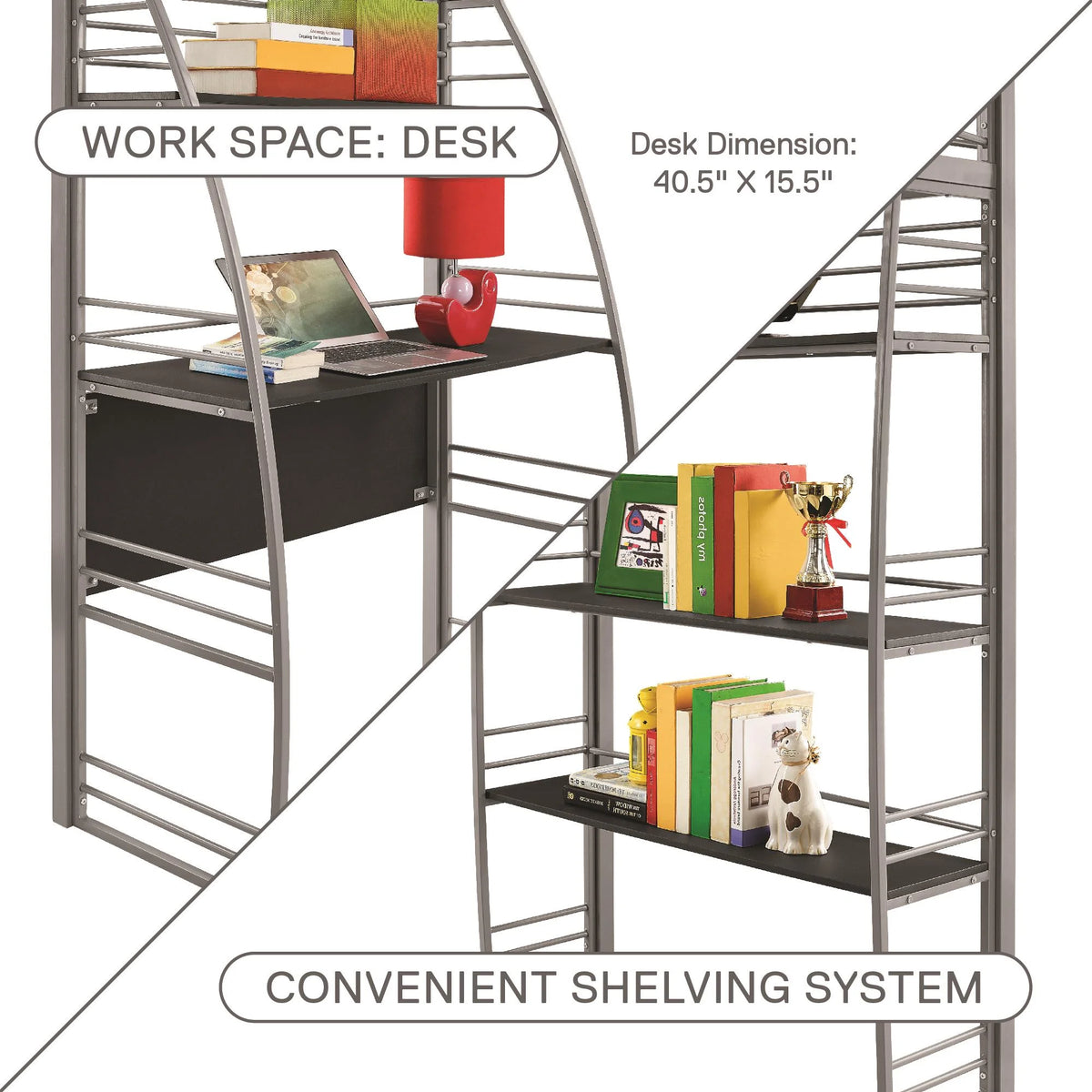 Twin Metal Loft Bed with Desk and Shelves L81322