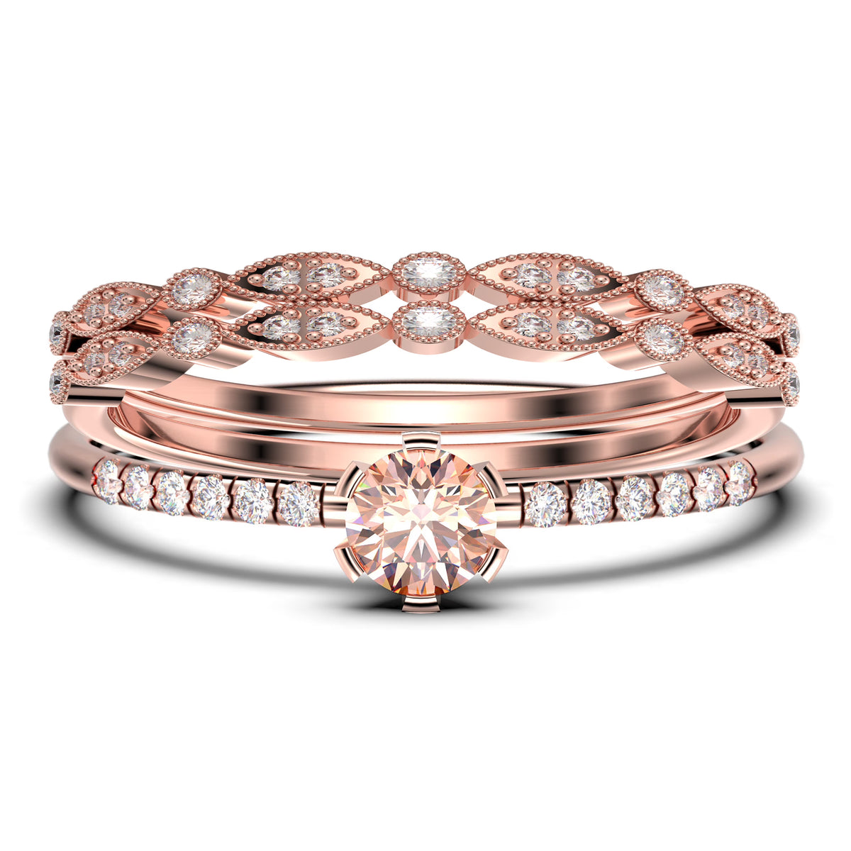 1.55 Carat Round Cut Morganite And Diamond Moissanite Engagement Ring Trio Set in 925 Sterling Silver With 18k Rose Gold Plating K652972