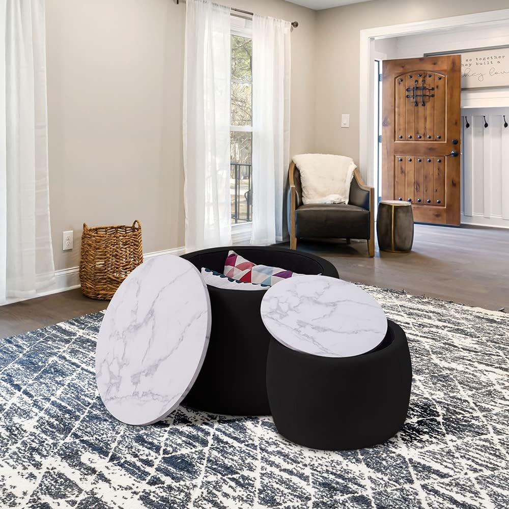 Black Round Coffee Table Set of 2 Nesting Storage Ottoman Velvet Fabric W473541