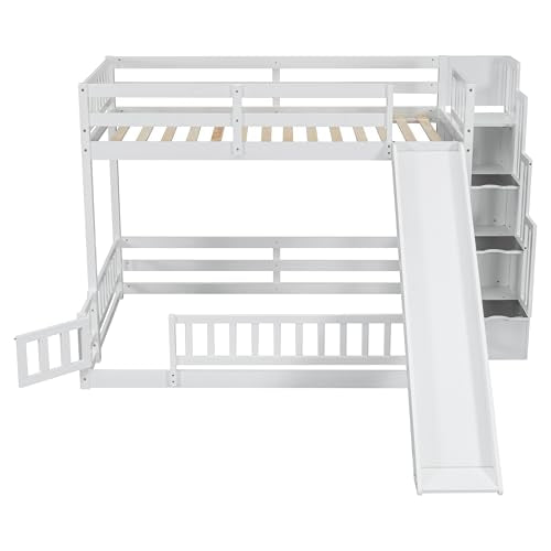 White Twin Over Full Bunk Bed with Slide and Storage Staircase R447265