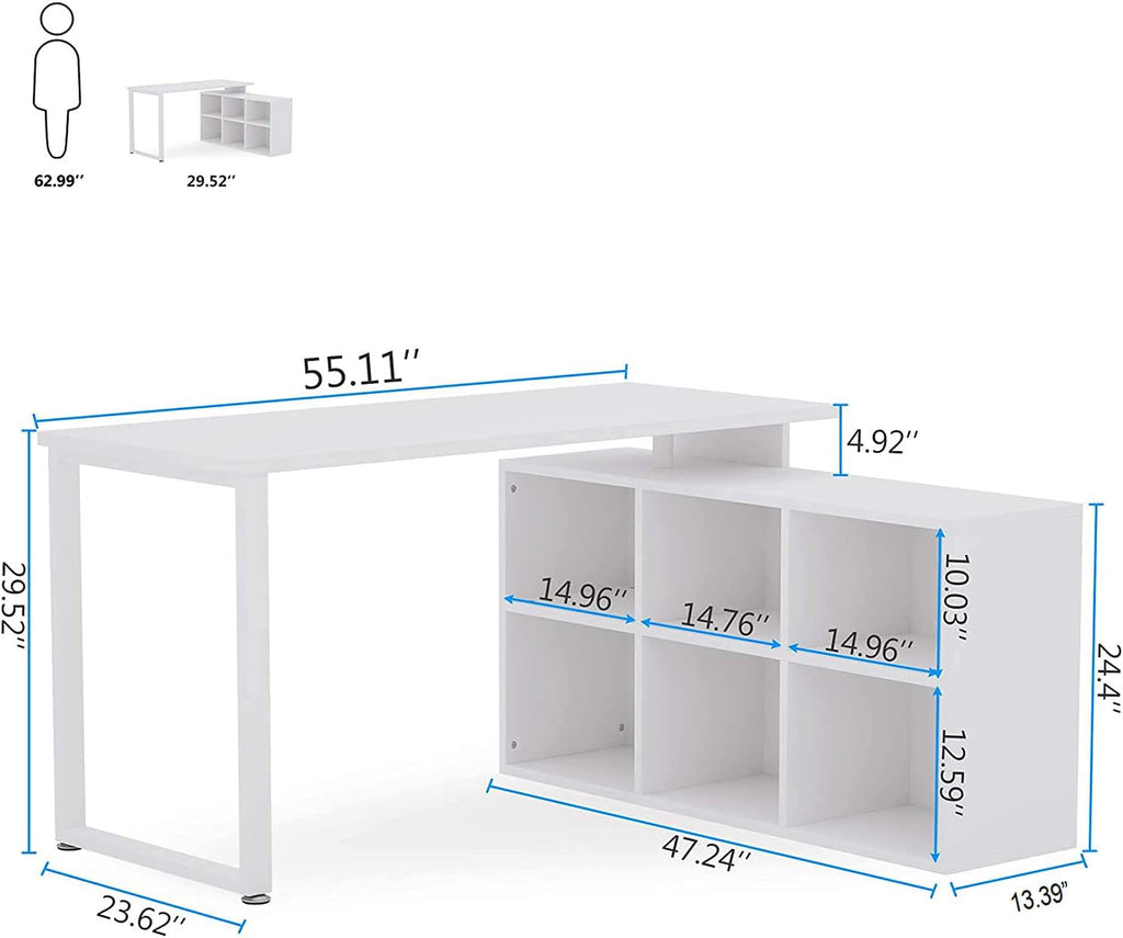 L-Shaped Computer Desk with Storage, 55 Inch Rotating Corner Office Desk V2497