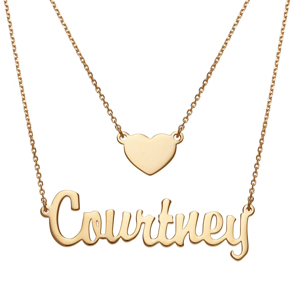 Sterling Silver Script Nameplate and Heart Layered Double Necklace R920349