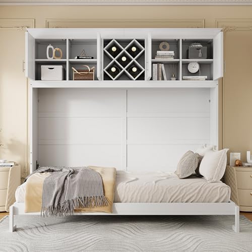 White Queen Size Murphy Wall Bed with Top Cabinets & Wine Rack Z52804