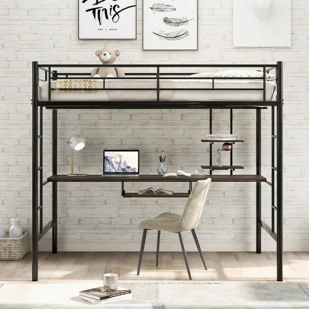Full Black Loft Bed with Desk and Shelf A9540