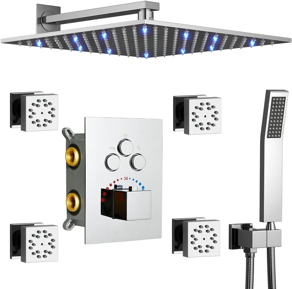 Chrome Wall Mounted LED Rain Shower System with Thermostatic Valve Combo Set C59592