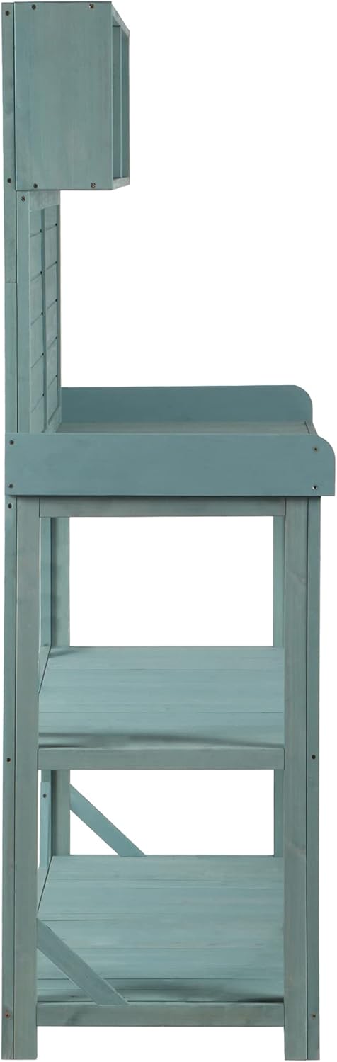 Green Wooden Potting Bench Table with 4 Storage Shelves and 3 Side Hook L48587