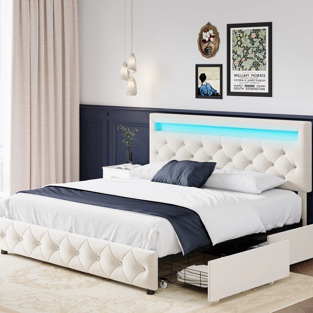 Full LED Bed Frame with 4 Storage Drawer X8833