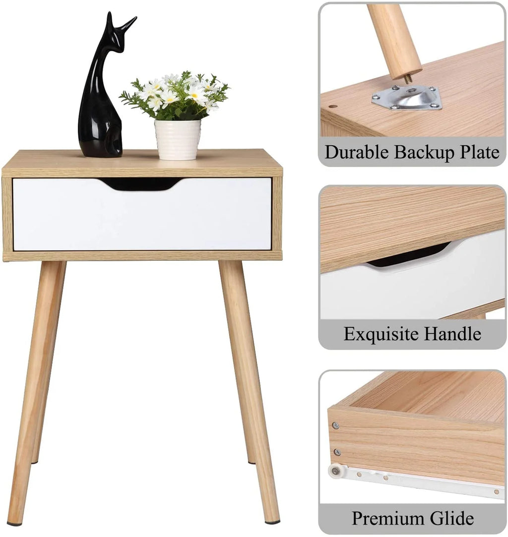 Wood & White Nightstands Set of 2 with Drawer & Solid Wood Legs M879