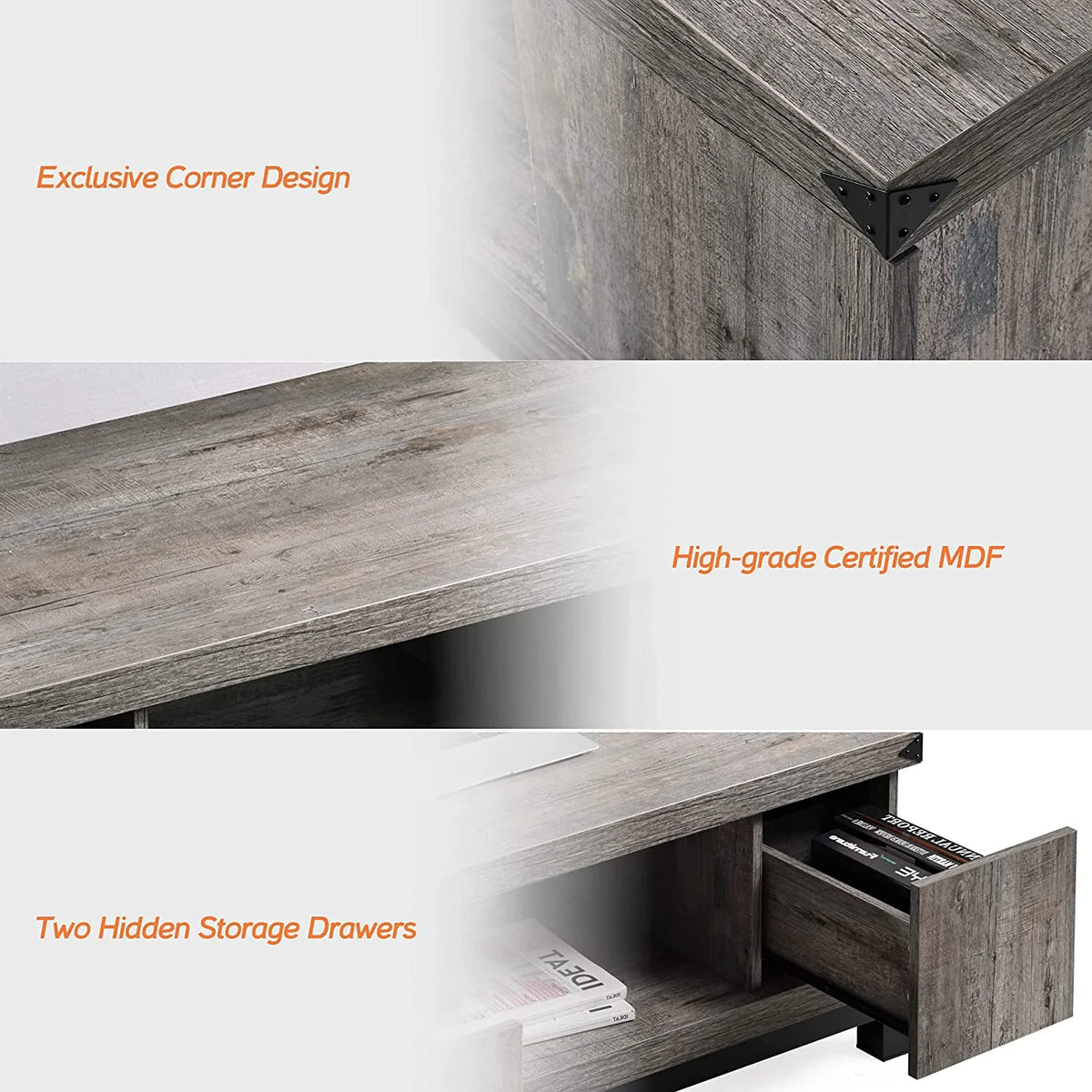 Grey Wood Coffee Table with Drawers and Shelves T3951