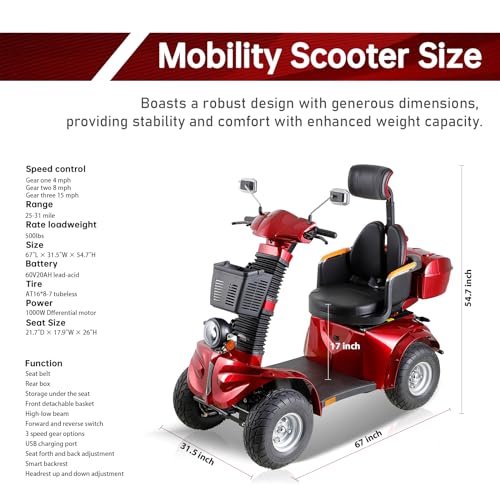 Red 1000W 4 Wheel Mobility Scooter with Adjustable Seat U228