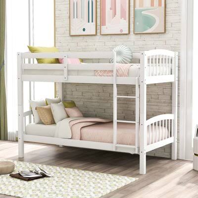 Twin Over Twin Solid Wood Bunk Bed with Ladder (White) A2786