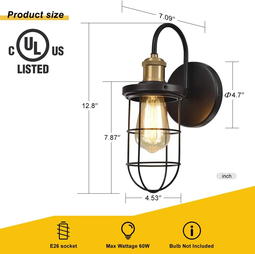 Farmhouse Wall Sconces with Cage Shade, Black and Gold, Set of Two R447