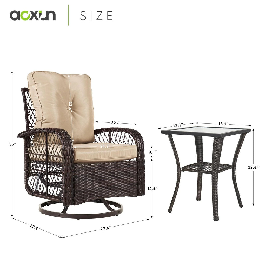 3 Piece Swivel Rocking Wicker Patio Chairs Set with Beige Cushions L26533
