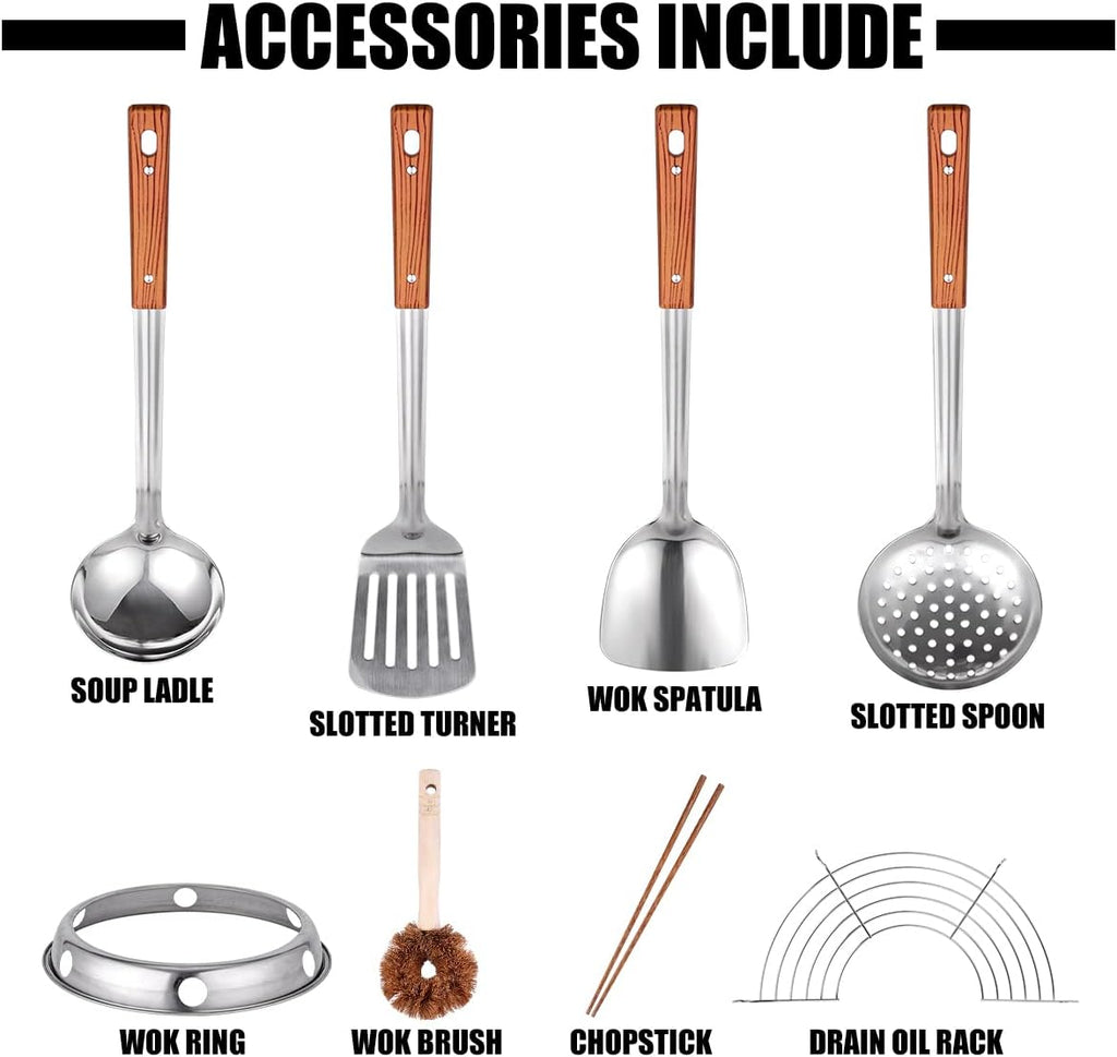 Carbon Steel Hand Hammered Wok Pan Set with 8 Pcs Cookware Accessories Y220930