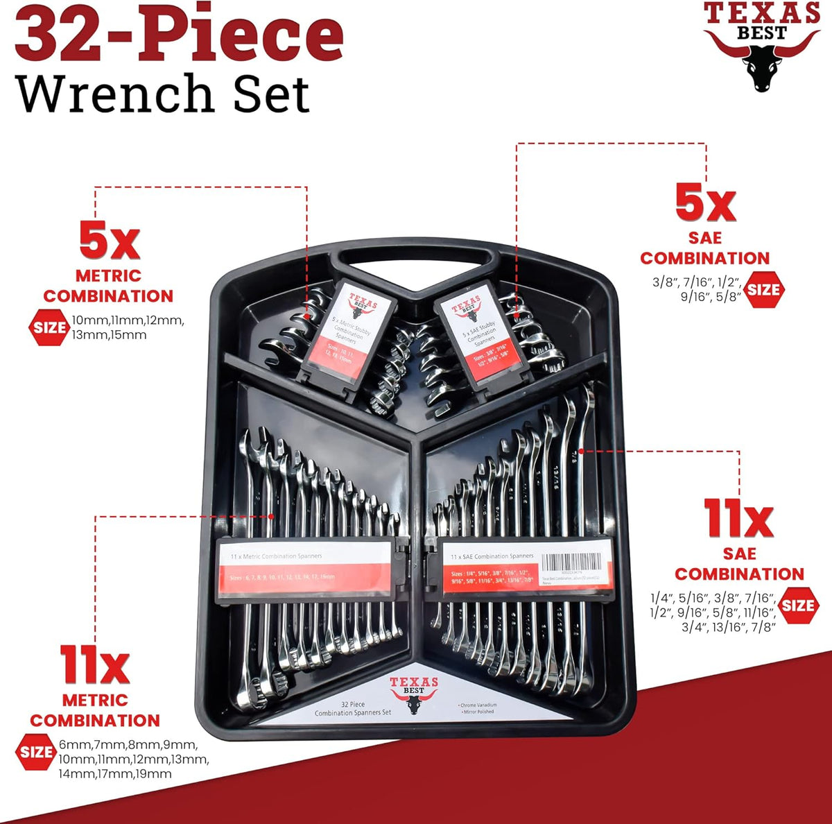 32 Pc Chrome Vanadium Steel Combination Wrench Set H847