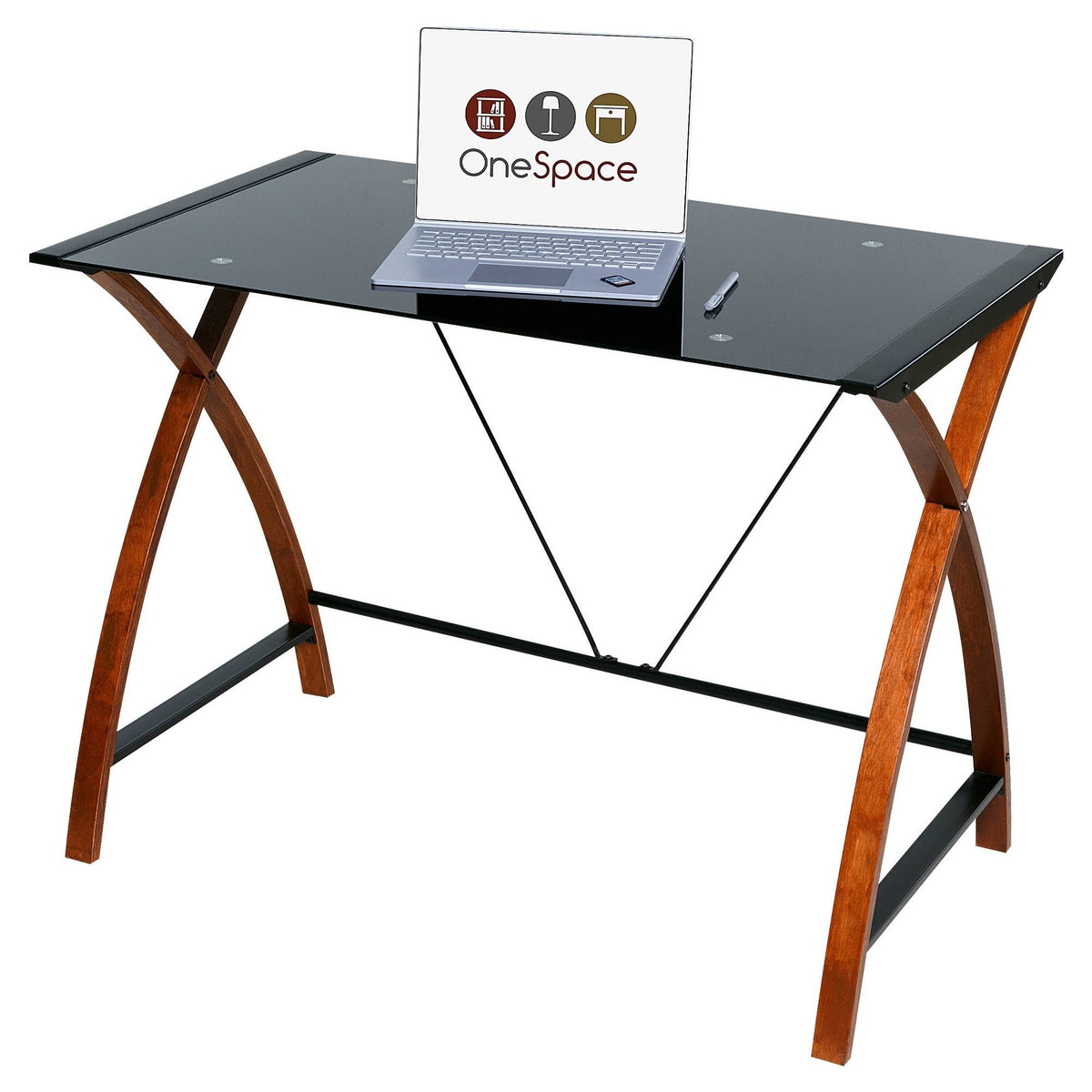 Black Glass and Wood Computer Desk L632987