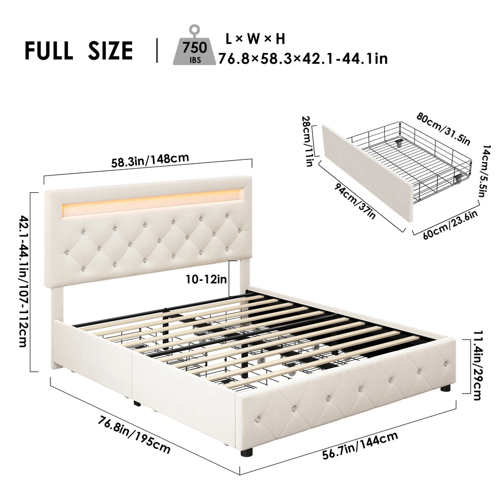 Full LED Bed Frame with 4 Storage Drawer X8833