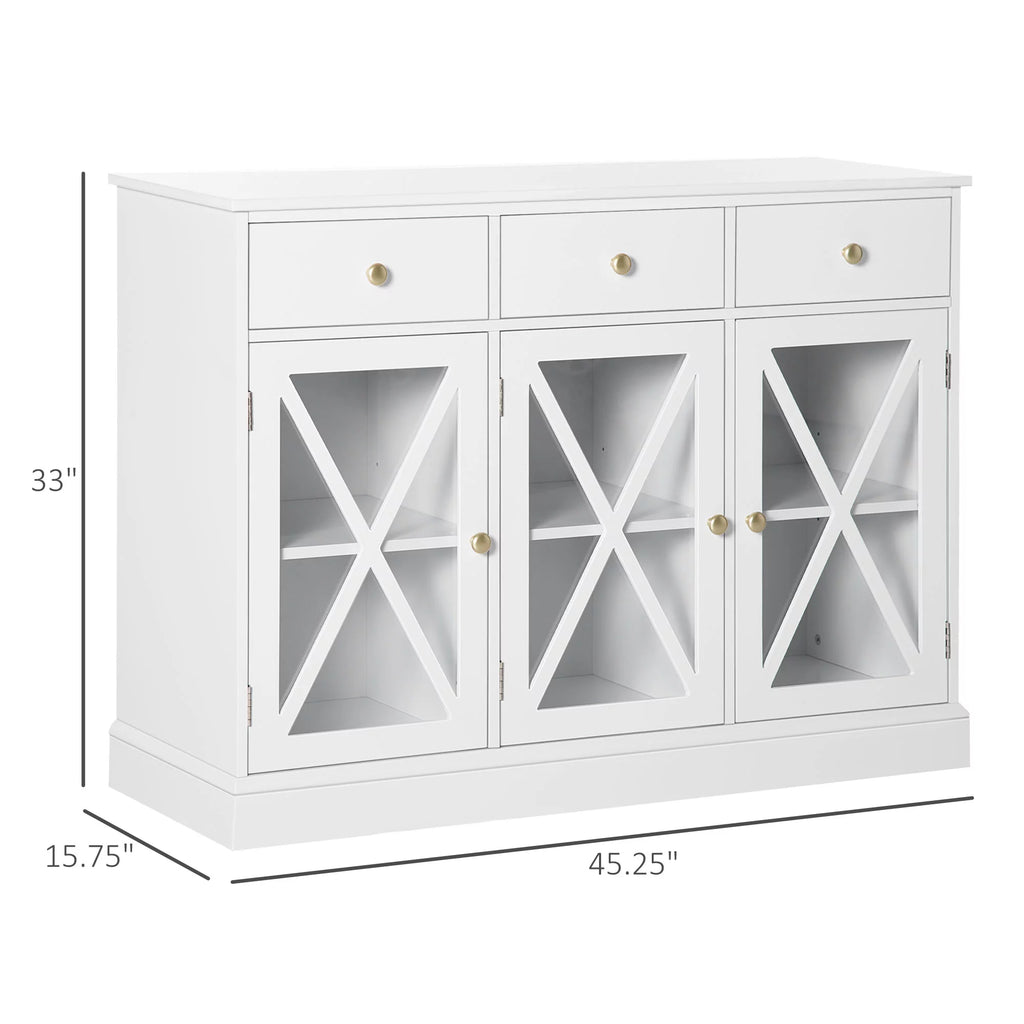 White Sideboard Buffet Cabinet with Glass Doors and 3 Drawers B465