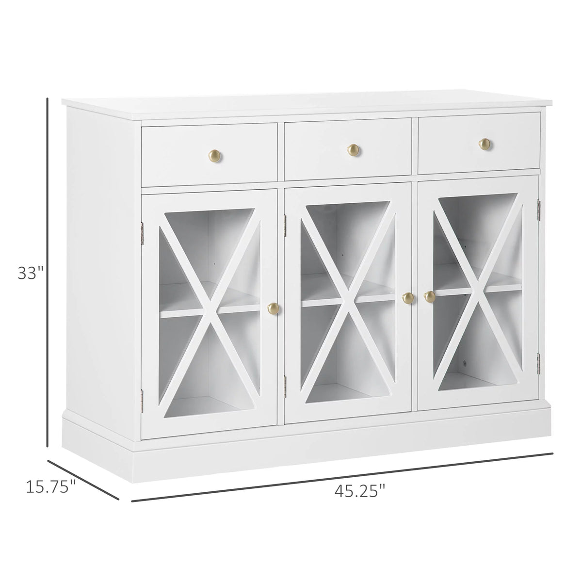 White Sideboard Buffet Cabinet with Glass Doors and 3 Drawers B465