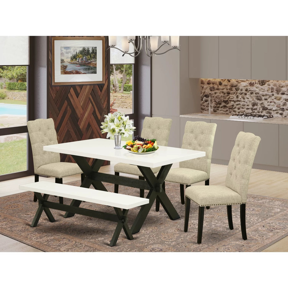 6-Pc Dining Table Set with Parson Chairs and Bench C593020