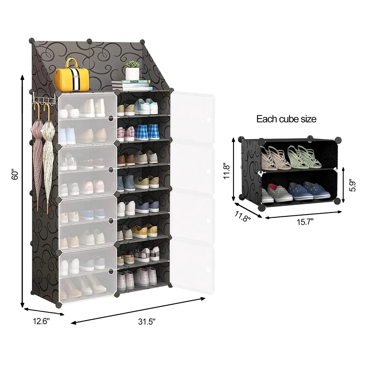 Black 8 Tier Plastic Shoe Storage Cabinet with Doors I955