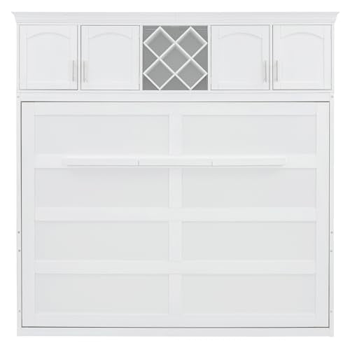 White Queen Size Murphy Wall Bed with Top Cabinets & Wine Rack Z52804