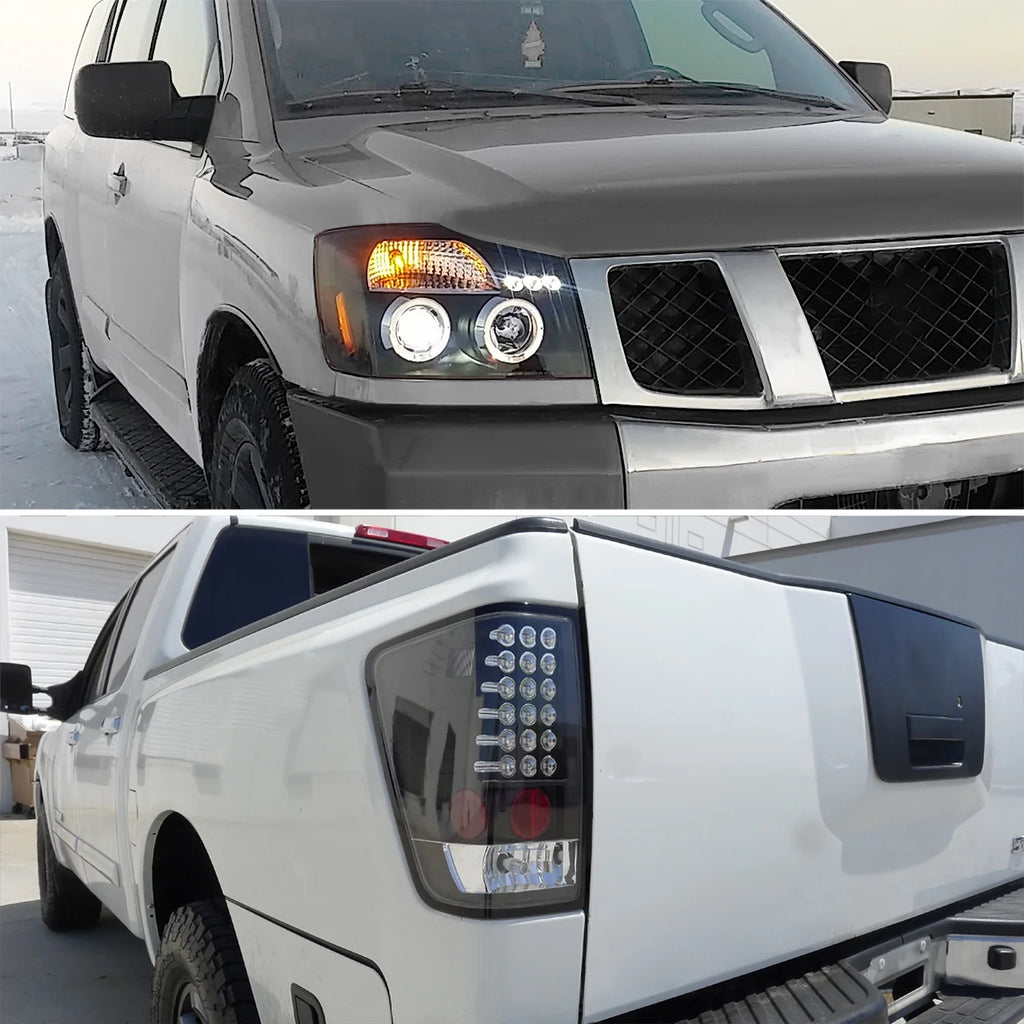 Black Halo Projector Headlights and LED Tail Lamps Combo for Nissan Titan H944