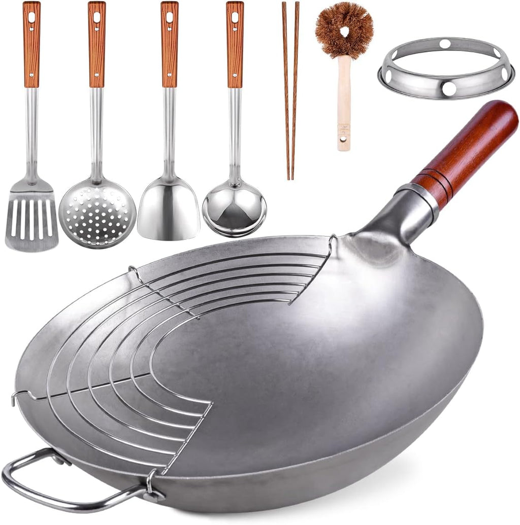 Carbon Steel Hand Hammered Wok Pan Set with 8 Pcs Cookware Accessories Y220930