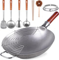 Carbon Steel Hand Hammered Wok Pan Set with 8 Pcs Cookware Accessories Y220930
