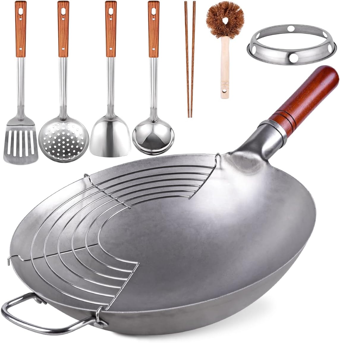 Carbon Steel Hand Hammered Wok Pan Set with 8 Pcs Cookware Accessories Y220930