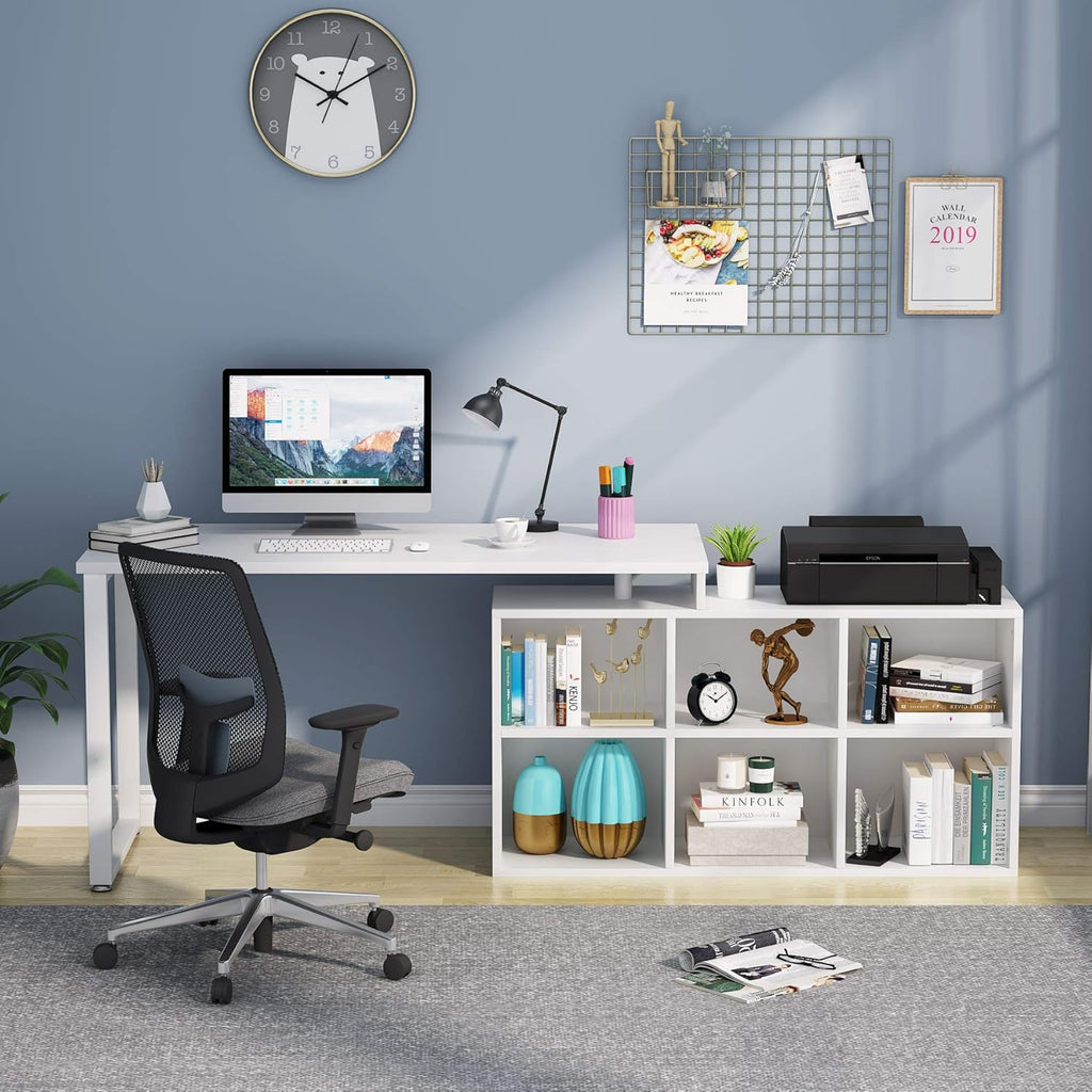 L-Shaped Computer Desk with Storage, 55 Inch Rotating Corner Office Desk V2497