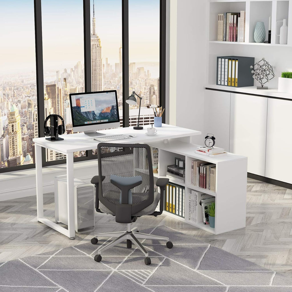 L-Shaped Computer Desk with Storage, 55 Inch Rotating Corner Office Desk V2497