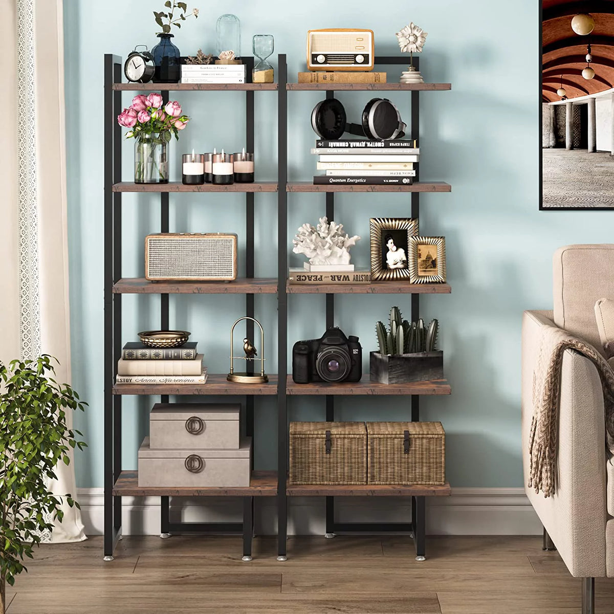 Rustic Brown 5 Tier Corner Bookshelf with Metal Frame X6496