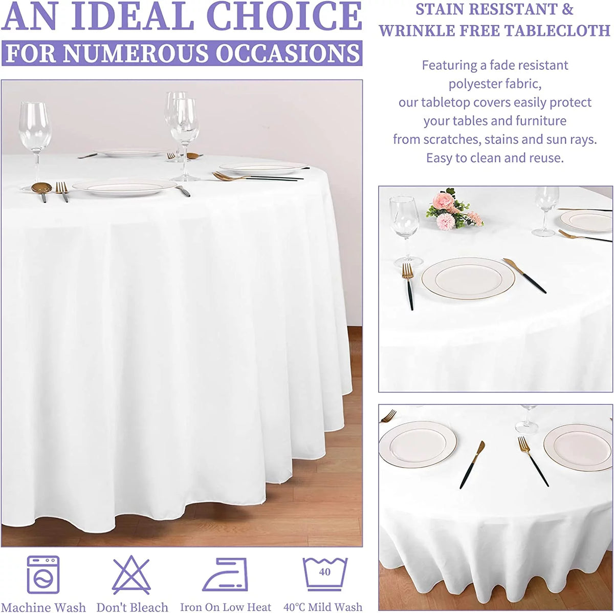 8 Pack 120 Inch White Round Polyester Tablecloth R97103