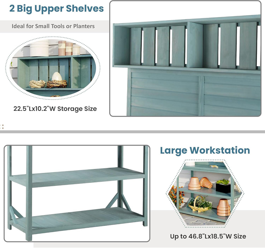 Green Wooden Potting Bench Table with 4 Storage Shelves and 3 Side Hook L48587