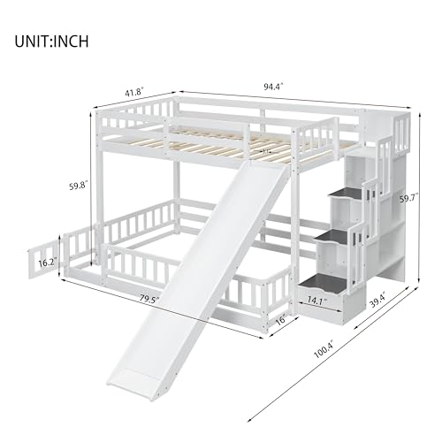 White Twin Over Full Bunk Bed with Slide and Storage Staircase R447265