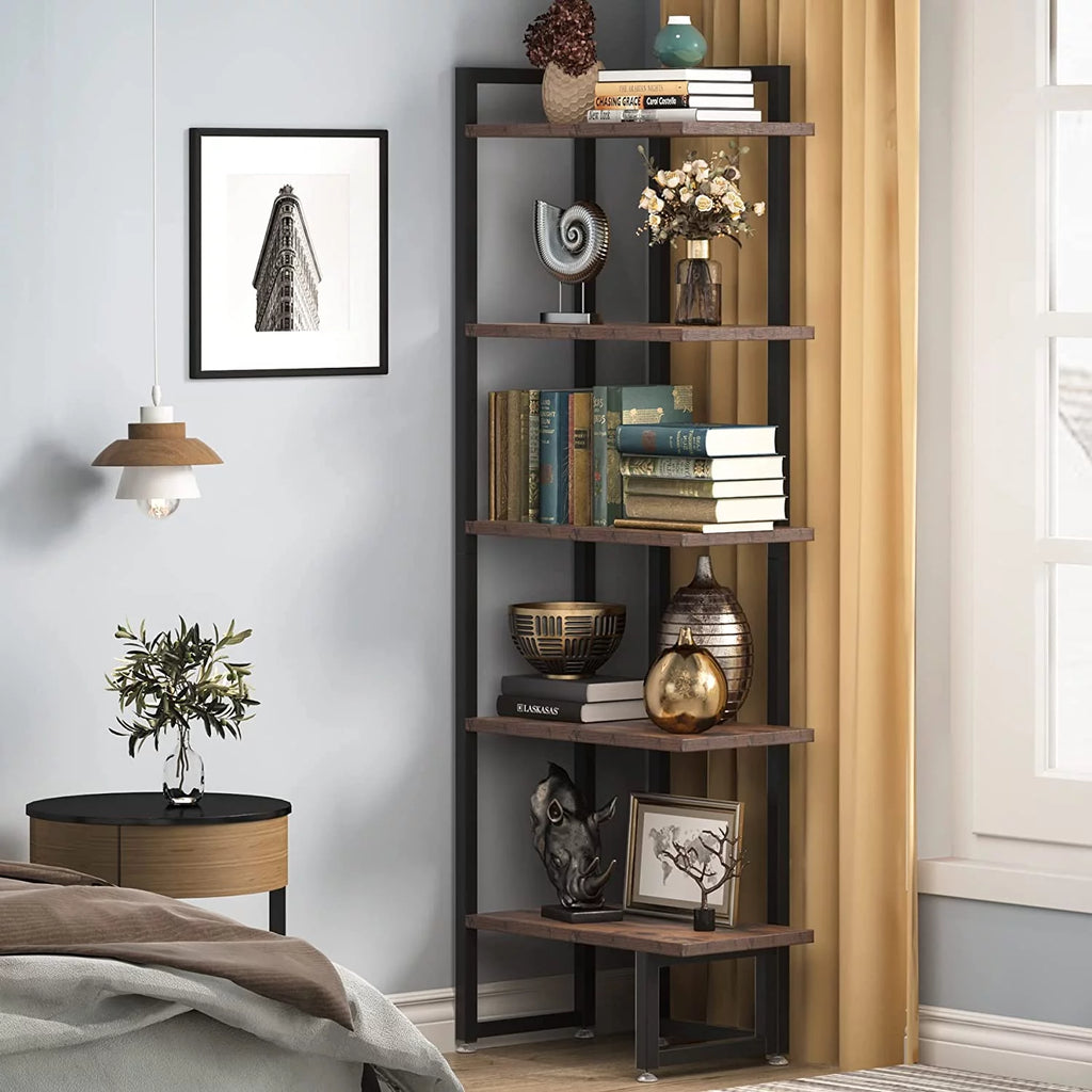 Rustic Brown 5 Tier Corner Bookshelf with Metal Frame X6496