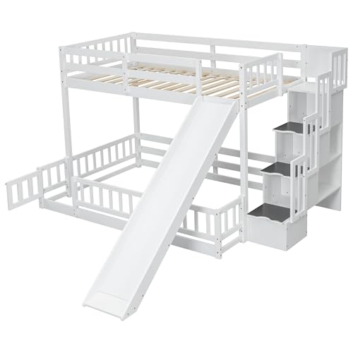 White Twin Over Full Bunk Bed with Slide and Storage Staircase R447265