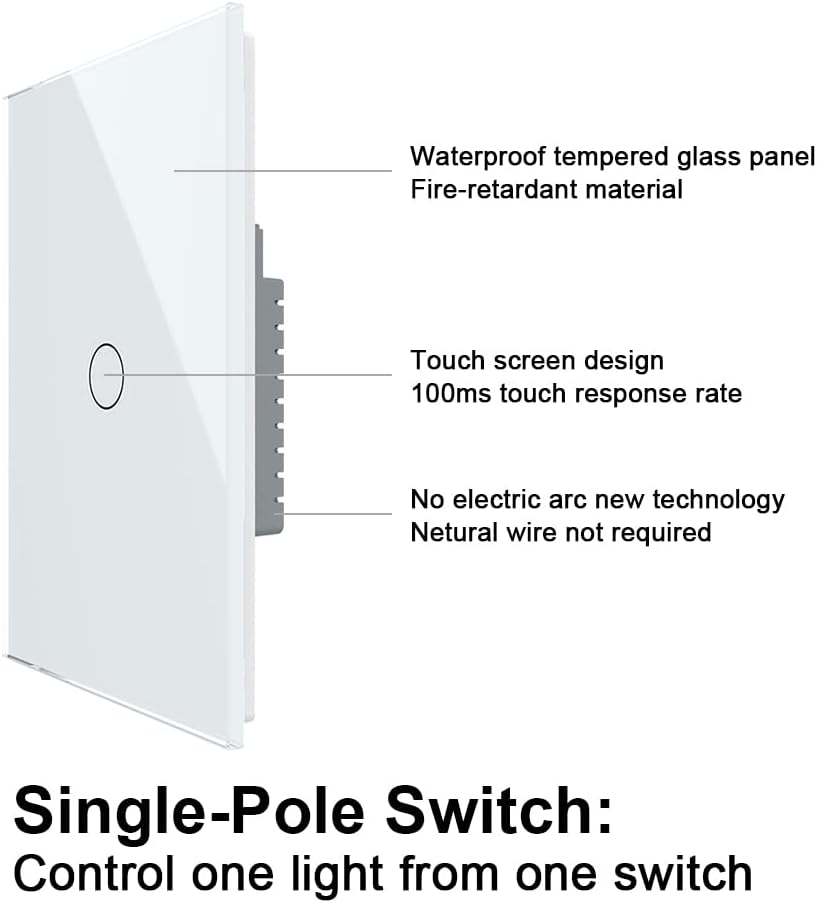 White 1 Gang 1 Way Tempered Glass Touch Light Switch, 2 Pack K773