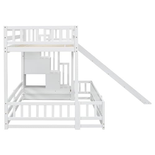 White Twin Over Full Bunk Bed with Slide and Storage Staircase R447265