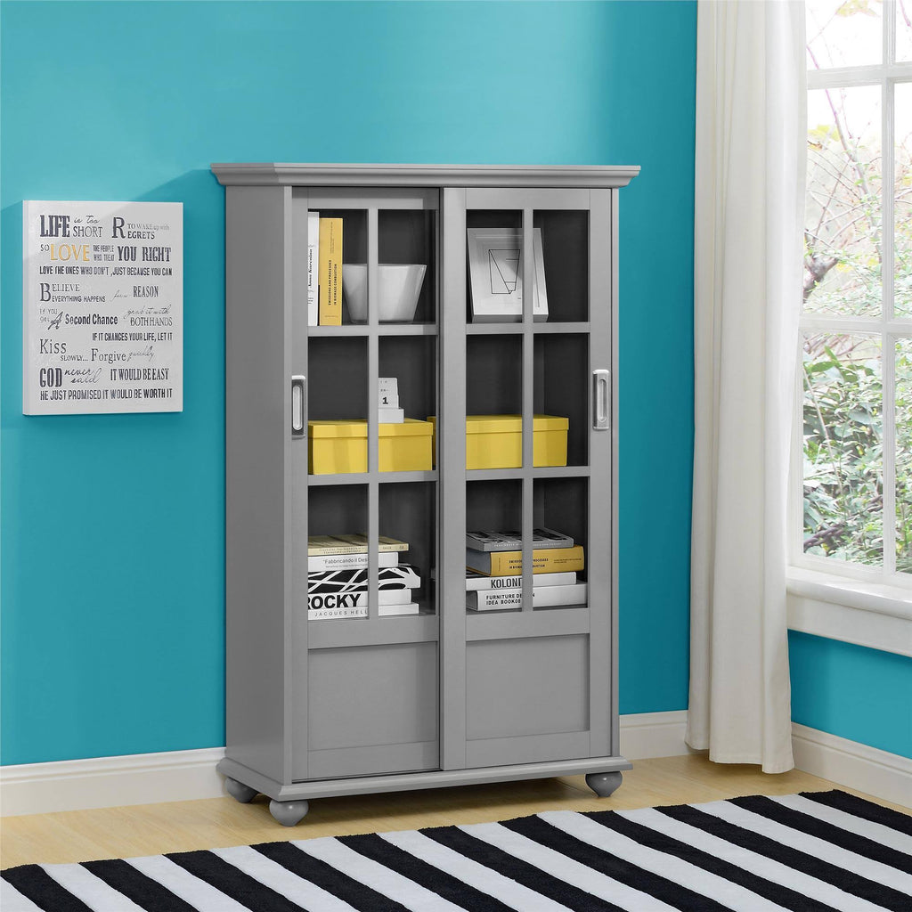 Soft Gray Bookcase with Sliding Glass Doors N86773