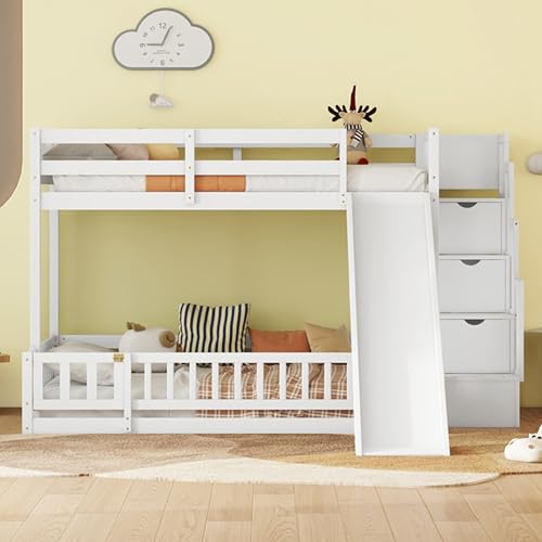 White Twin Over Full Bunk Bed with Slide and Storage Staircase R447265