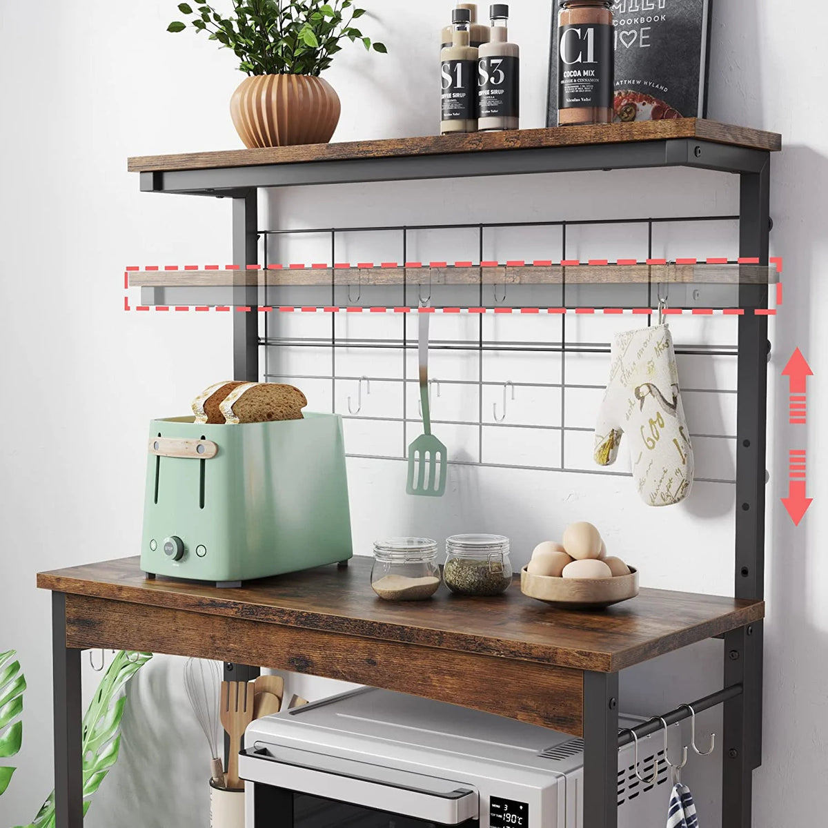 Rustic Brown Bakers Racks with Storage Cabinet, Height-Adjustable 45" to 55" Microwave Stand with Wheels & Feet S37942