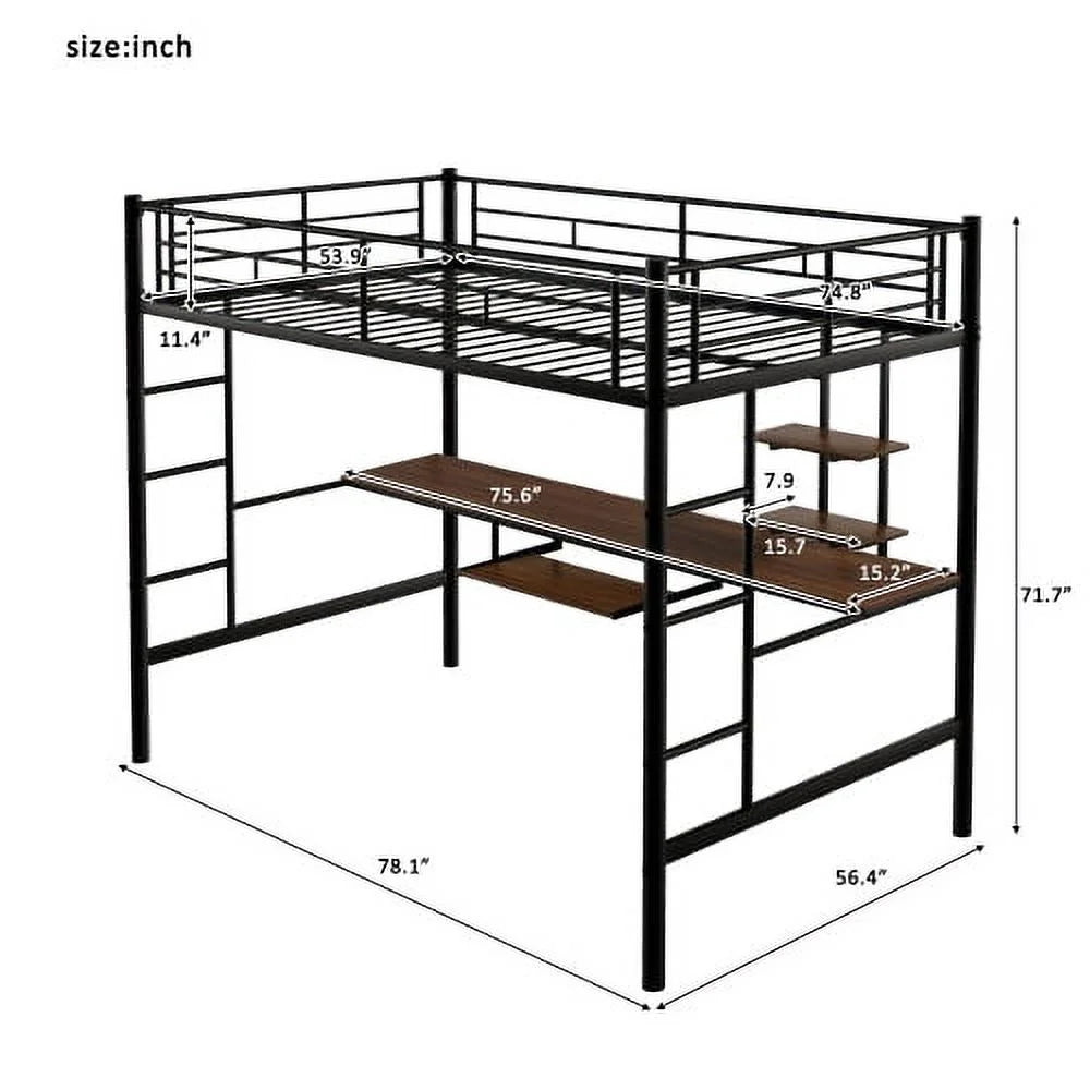 Full Black Loft Bed with Desk and Shelf A9540
