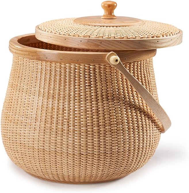 Natural ash wood and cane round baskets with swing handle removable lids F22868